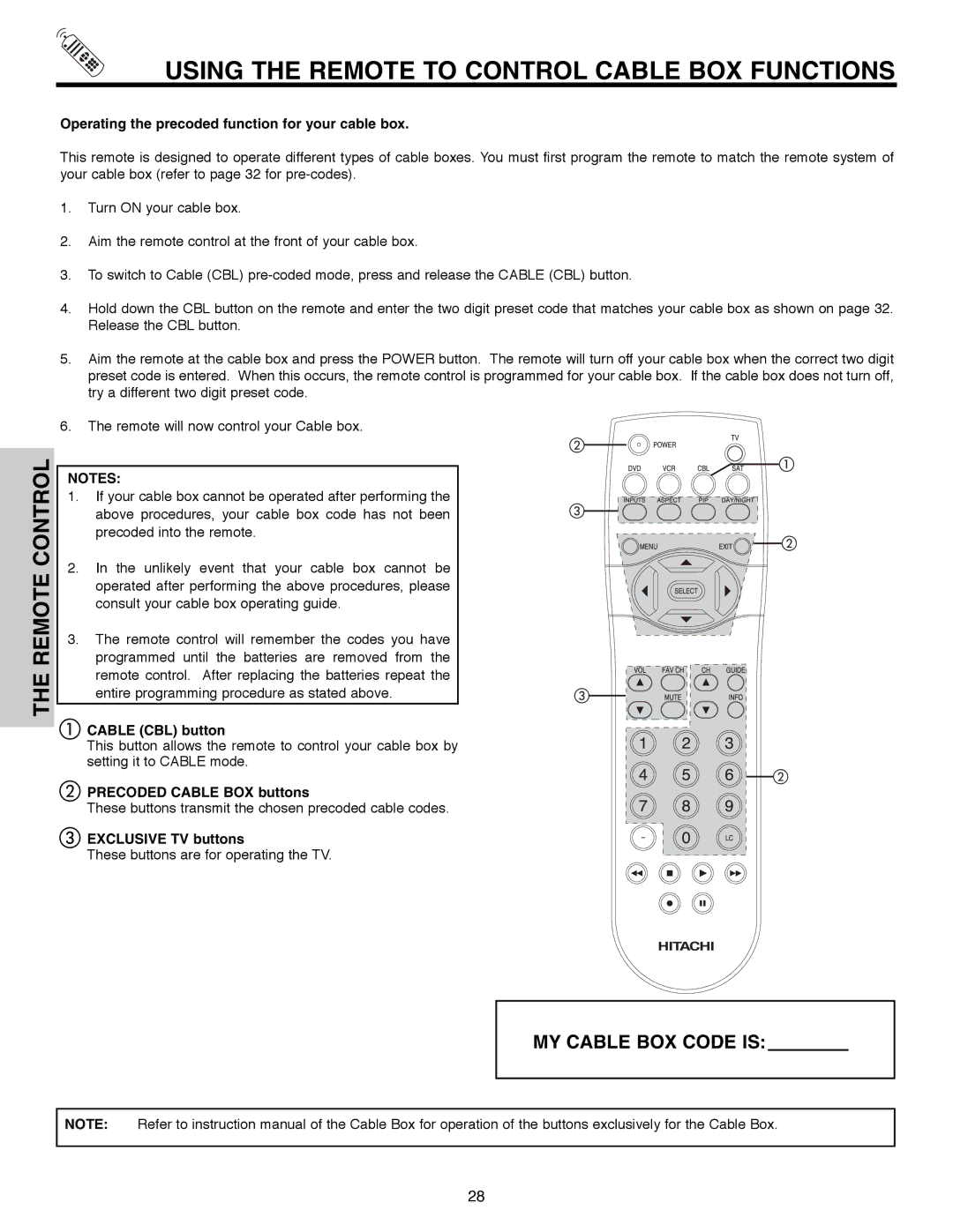 Hitachi 51F520 Using the Remote to Control Cable BOX Functions, Operating the precoded function for your cable box 