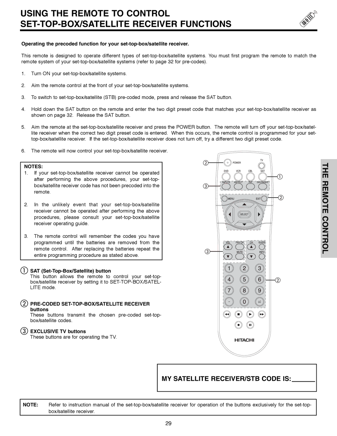 Hitachi 51F520 SAT Set-Top-Box/Satellite button, PRE-CODED SET-TOP-BOX/SATELLITE Receiver buttons 