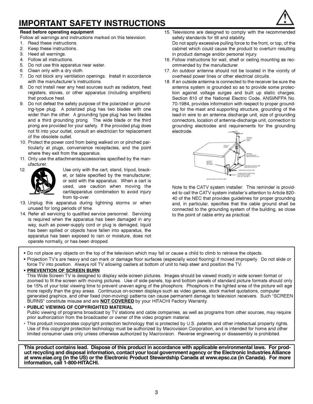 Hitachi 51F520 Read before operating equipment, Prevention of Screen Burn, Public Viewing of Copyrighted Material 