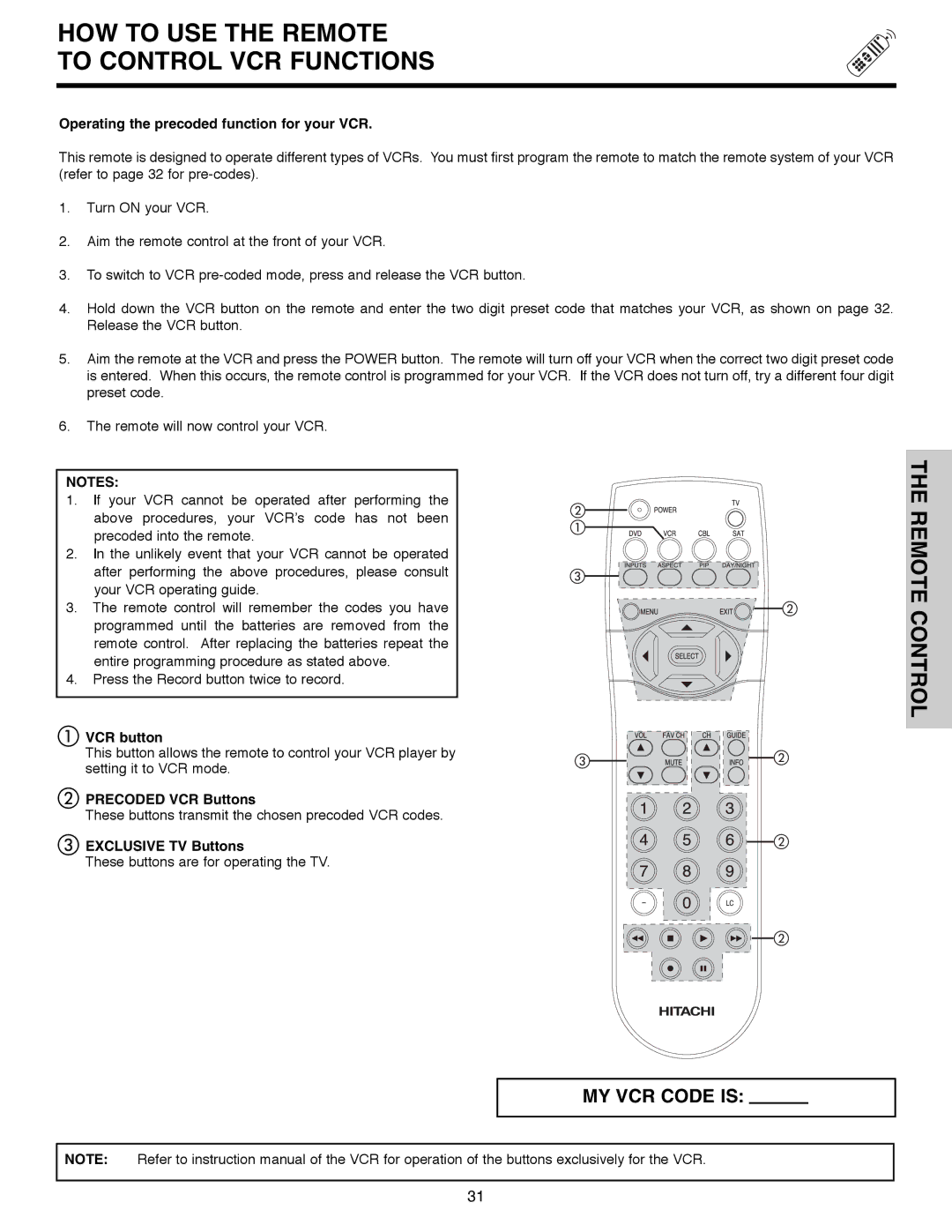 Hitachi 51F520 HOW to USE the Remote to Control VCR Functions, Operating the precoded function for your VCR, VCR button 