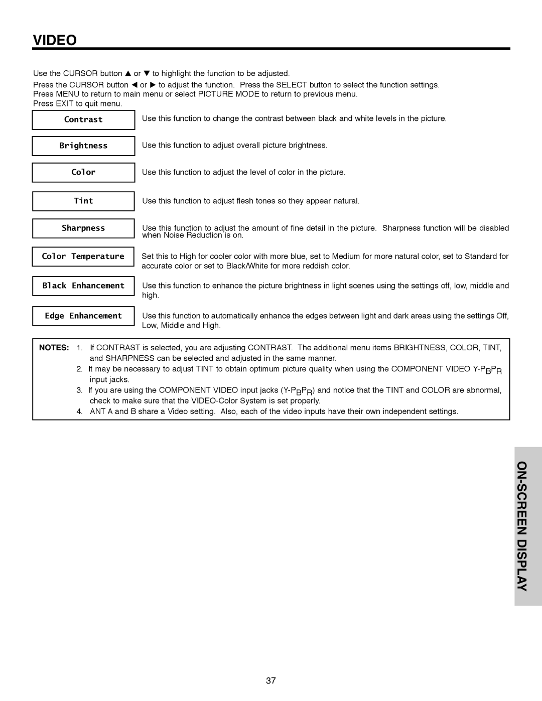 Hitachi 51F520 important safety instructions Contrast 