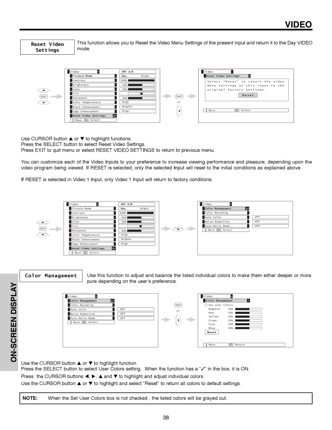 Hitachi 51F520 important safety instructions Reset Video Settings 