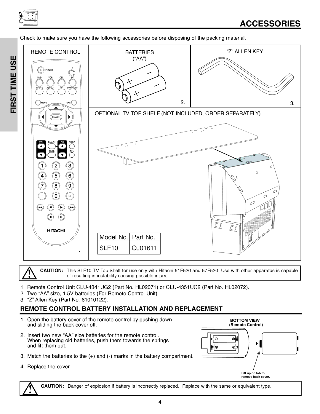 Hitachi 51F520 important safety instructions Accessories, First 