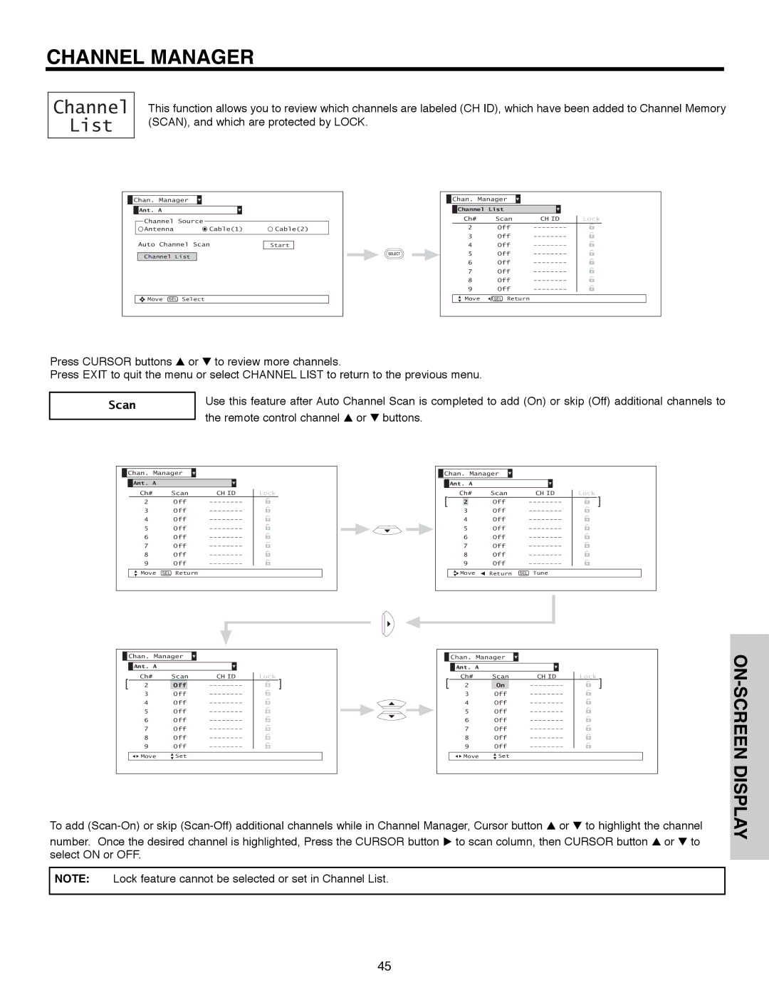 Hitachi 51F520 important safety instructions Channel List, Scan 