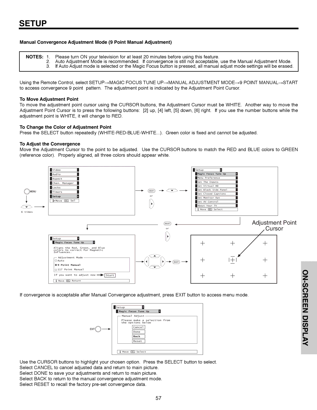 Hitachi 51F520 To Move Adjustment Point, To Change the Color of Adjustment Point, To Adjust the Convergence 