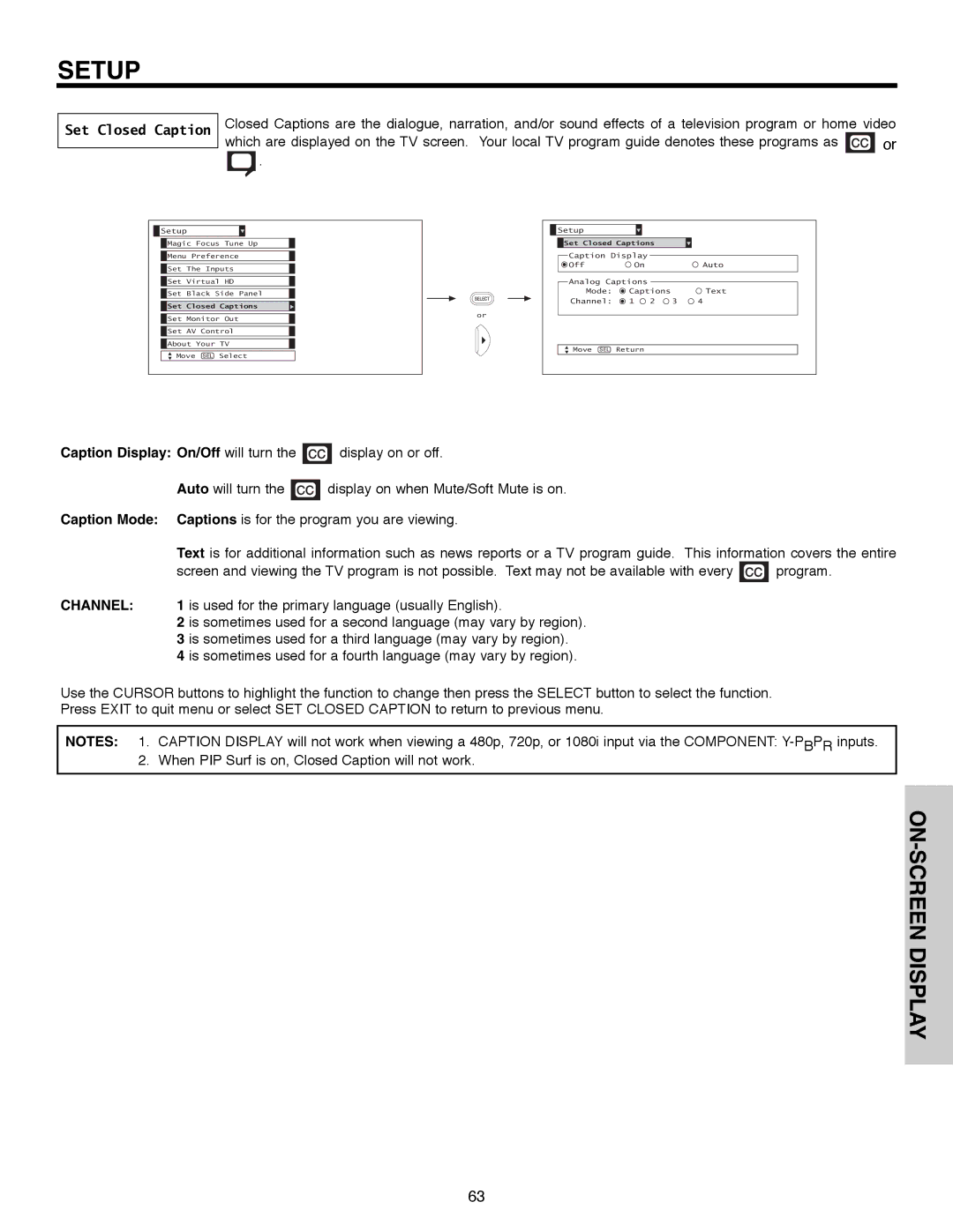 Hitachi 51F520 important safety instructions Set Closed Caption, Channel 