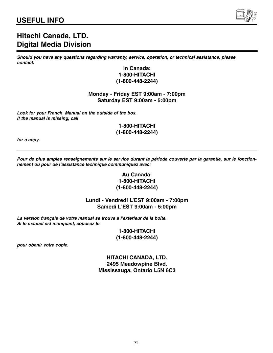 Hitachi 51F520 important safety instructions Digital Media Division 