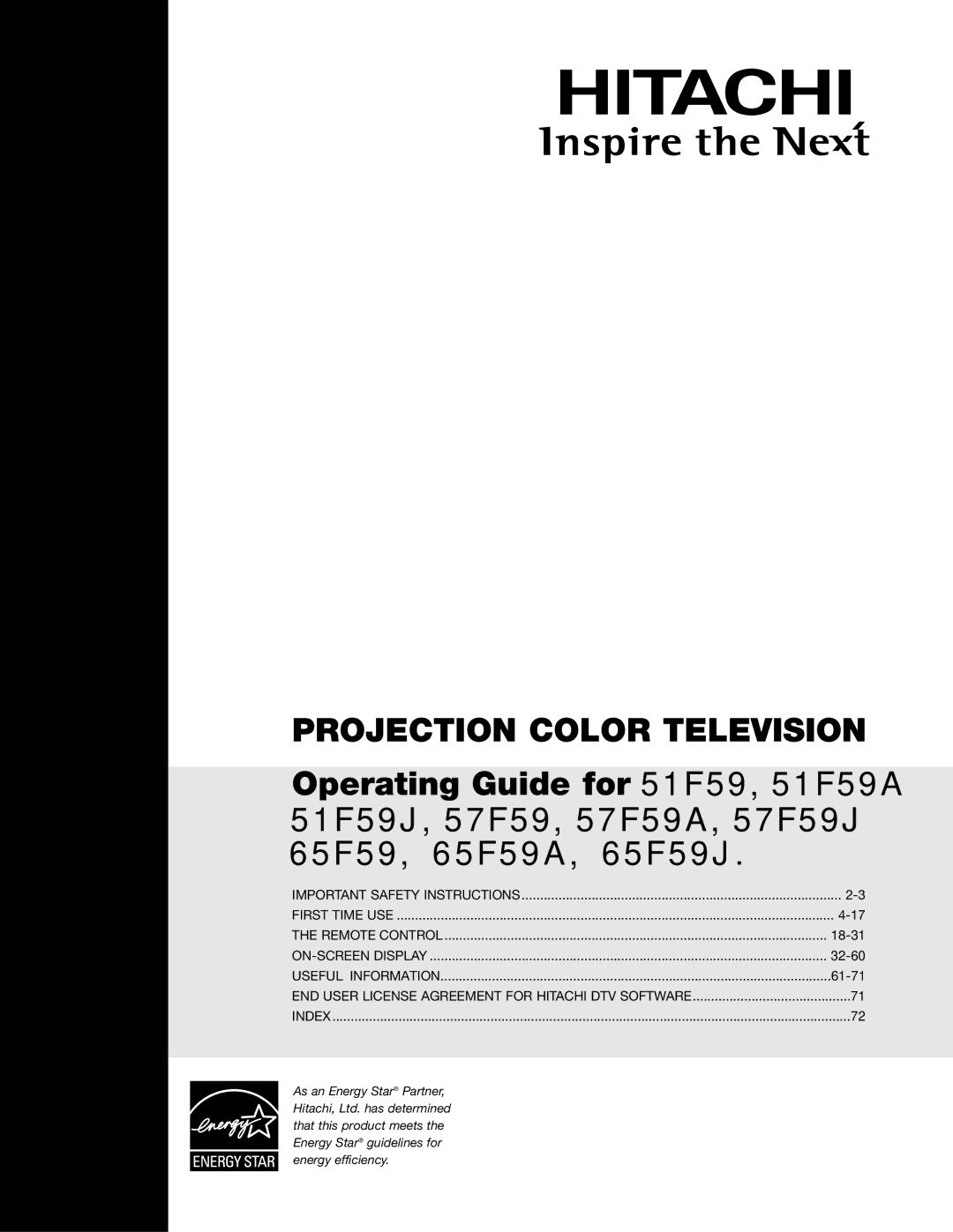 Hitachi 51F59A, 57F59J 65F59, 57F59A, 65F59A, 65F59J, 51F59J important safety instructions Projection Color Television 