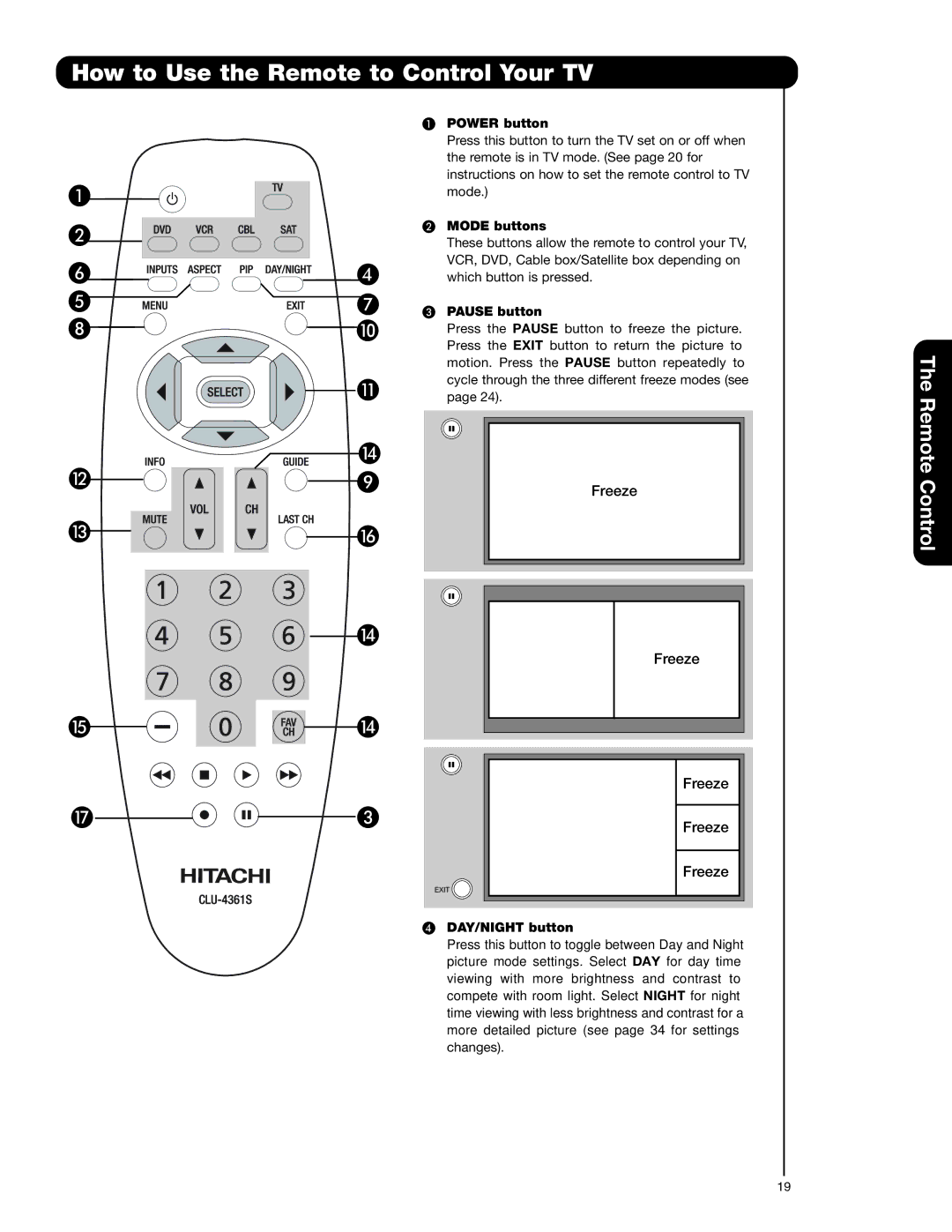 Hitachi 57F59, 51F59A How to Use the Remote to Control Your TV, Power button, Mode buttons, Pause button, DAY/NIGHT button 