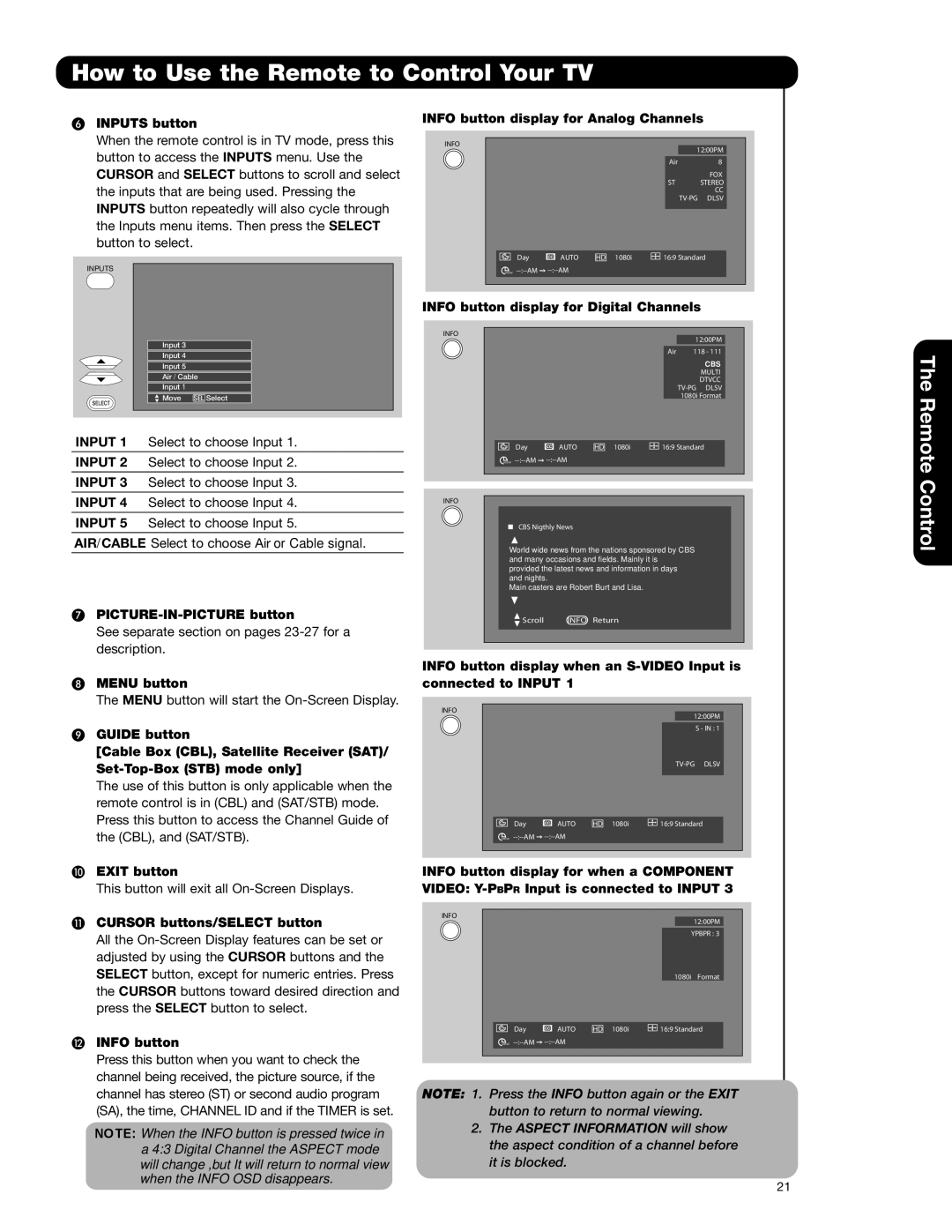 Hitachi 65F59A Inputs button, PICTURE-IN-PICTURE button, Menu button, Info button display for Analog Channels, Exit button 