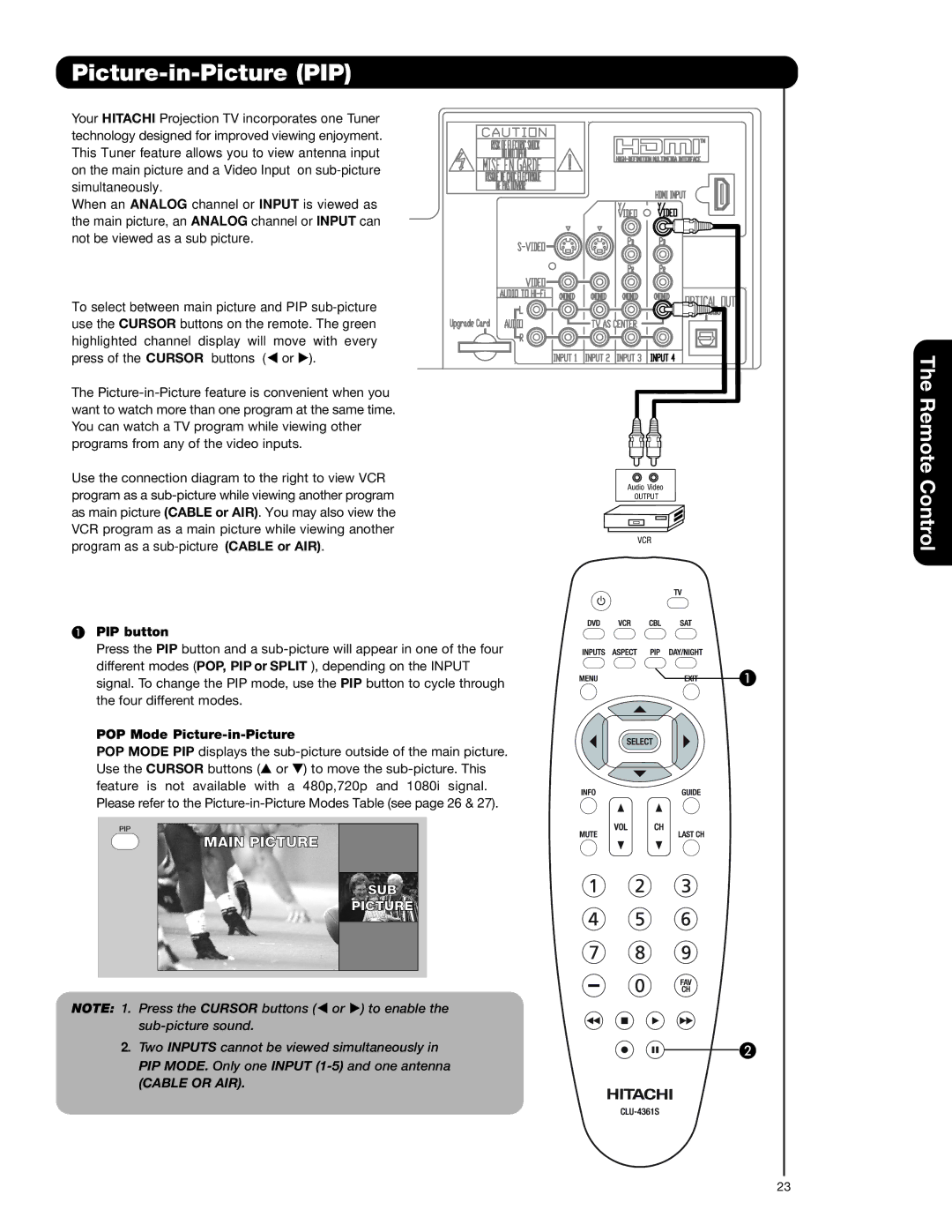 Hitachi 51F59J, 51F59A, 57F59J 65F59, 57F59A Picture-in-Picture PIP, PIP button, POP Mode Picture-in-Picture, SUB Picture 