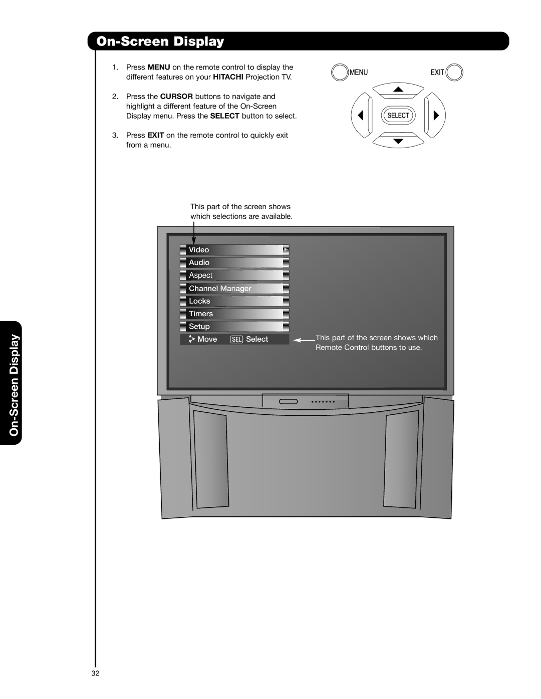 Hitachi 51F59A, 57F59J 65F59, 57F59A, 65F59A, 65F59J, 51F59J important safety instructions On-Screen Display 