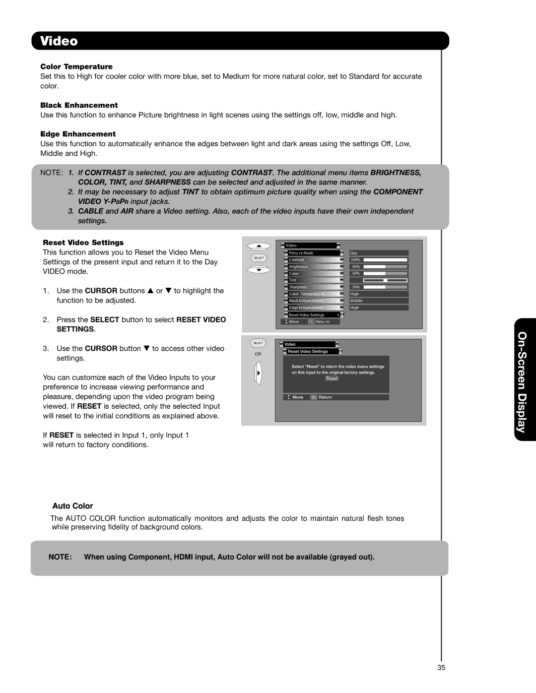 Hitachi 51F59A, 57F59J 65F59, 57F59A, 65F59A Color Temperature, Black Enhancement, Edge Enhancement, Reset Video Settings 