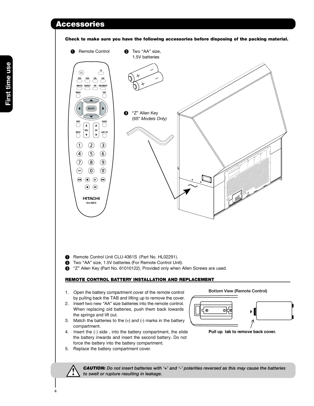 Hitachi 57F59A, 51F59A Accessories, Remote Control Battery Installation and Replacement, Pull up tab to remove back cover 