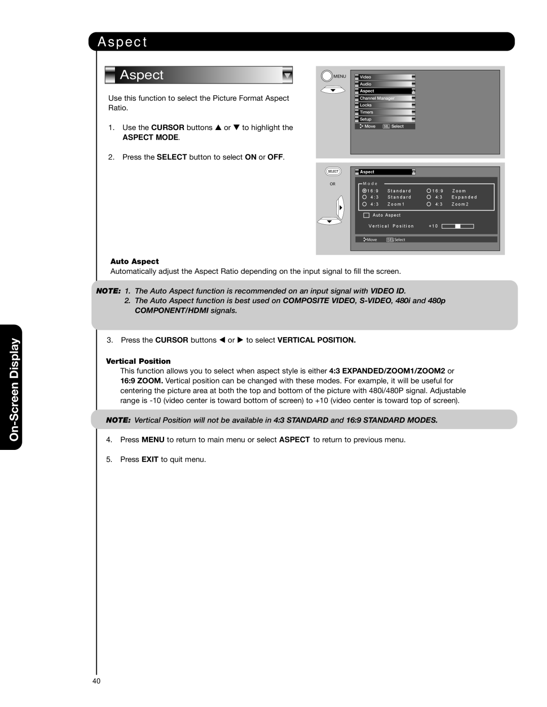 Hitachi 51F59A, 57F59J 65F59, 57F59A, 65F59A, 65F59J, 51F59J Aspect Mode, Auto Aspect, Vertical Position 