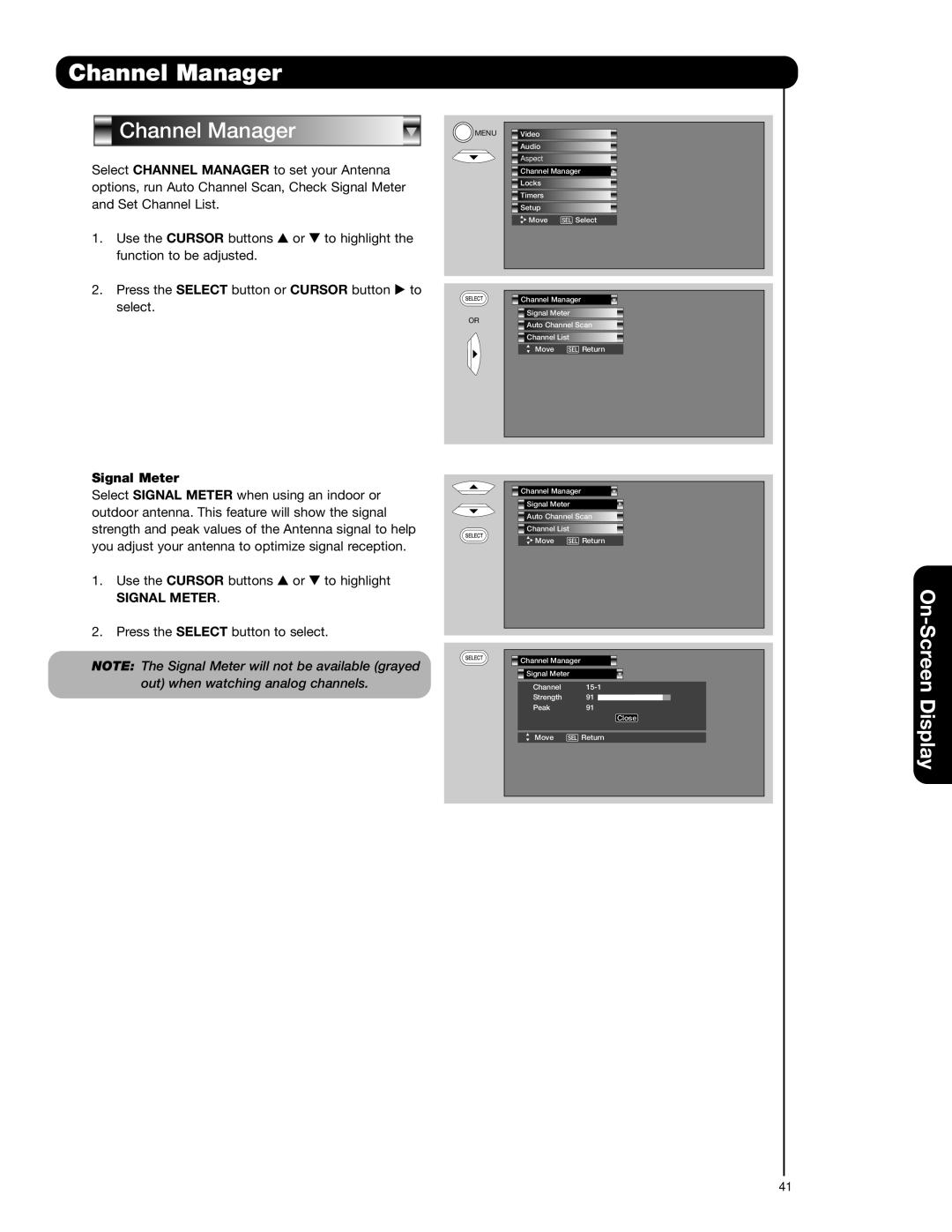 Hitachi 51F59A, 57F59J 65F59, 57F59A, 65F59A, 65F59J, 51F59J important safety instructions Channel Manager, Signal Meter 