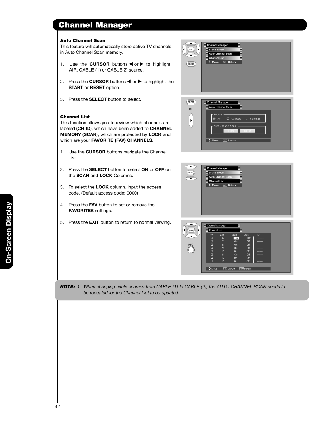 Hitachi 57F59J 65F59, 51F59A Auto Channel Scan, Start or Reset option, Channel List, Which are your Favorite FAV Channels 