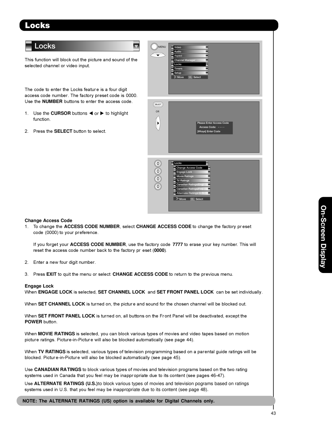 Hitachi 51F59A, 57F59J 65F59, 57F59A, 65F59A, 65F59J, 51F59J important safety instructions Locks, Change Access Code 