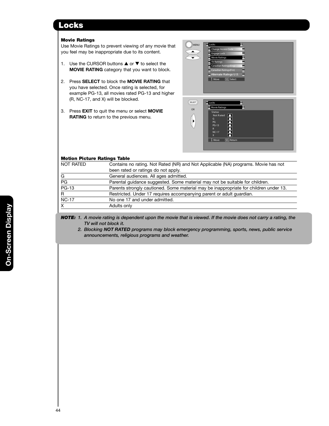 Hitachi 57F59A, 51F59A, 57F59J 65F59, 65F59A, 65F59J, 51F59J Movie Ratings, Motion Picture Ratings Table 