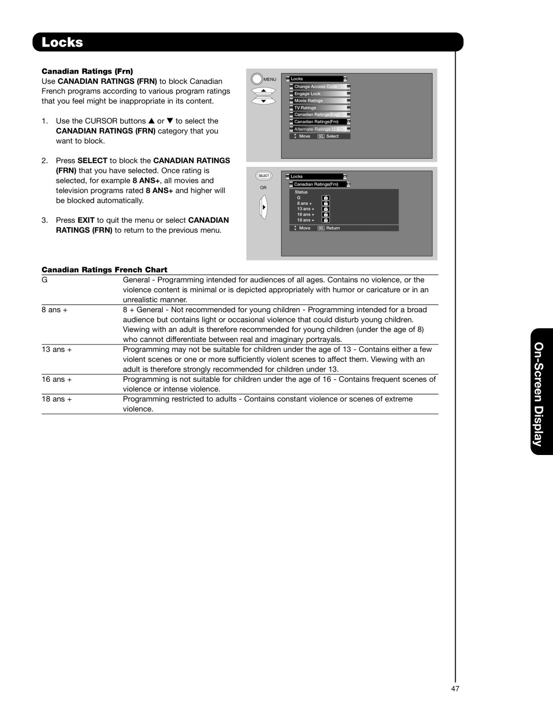 Hitachi 51F59J, 51F59A, 57F59J 65F59, 57F59A, 65F59A, 65F59J important safety instructions Canadian Ratings French Chart 