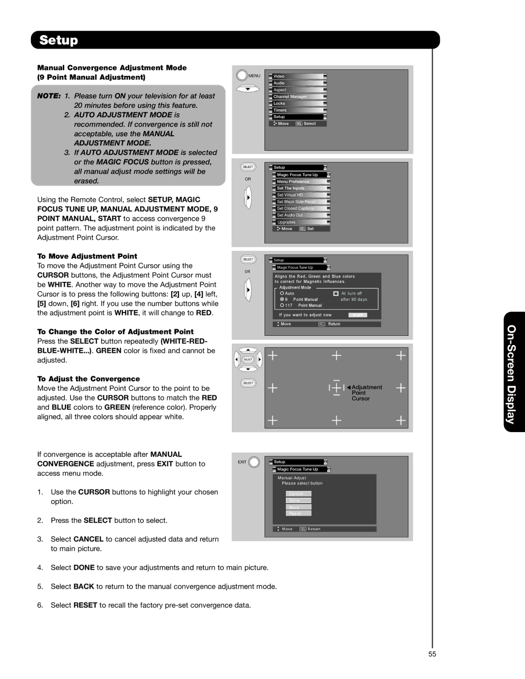 Hitachi 51F59J, 51F59A, 57F59J 65F59, 57F59A, 65F59A, 65F59J Focus Tune UP, Manual Adjustment Mode, To Move Adjustment Point 