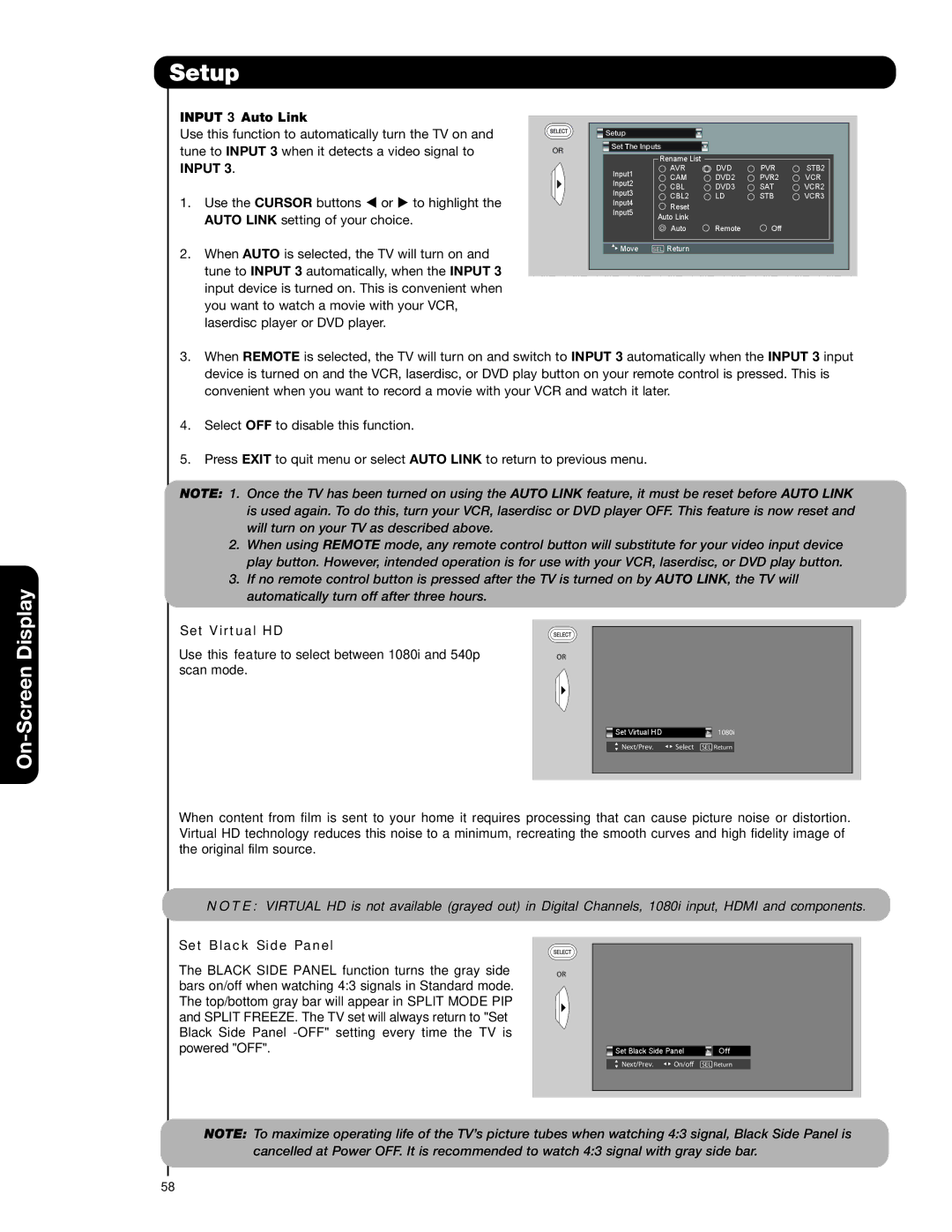 Hitachi 57F59J 65F59, 51F59A, 57F59A, 65F59A, 65F59J, 51F59J Input 3 Auto Link, Set Virtual HD, Set Black Side Panel 