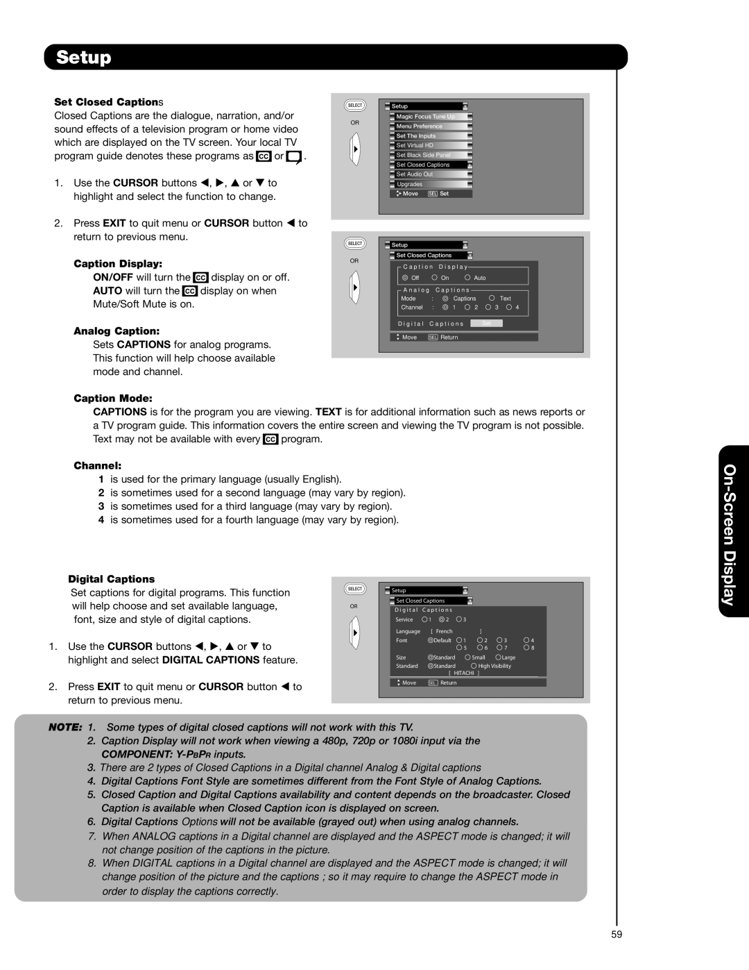 Hitachi 51F59A, 57F59J 65F59, 57F59A, 65F59A Set Closed Captions, Caption Display, Analog Caption, Caption Mode, Channel 