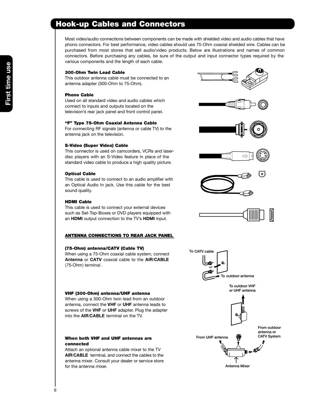 Hitachi 65F59J, 51F59A, 57F59J 65F59, 57F59A, 65F59A Hook-up Cables and Connectors, Antenna Connections to Rear Jack Panel 