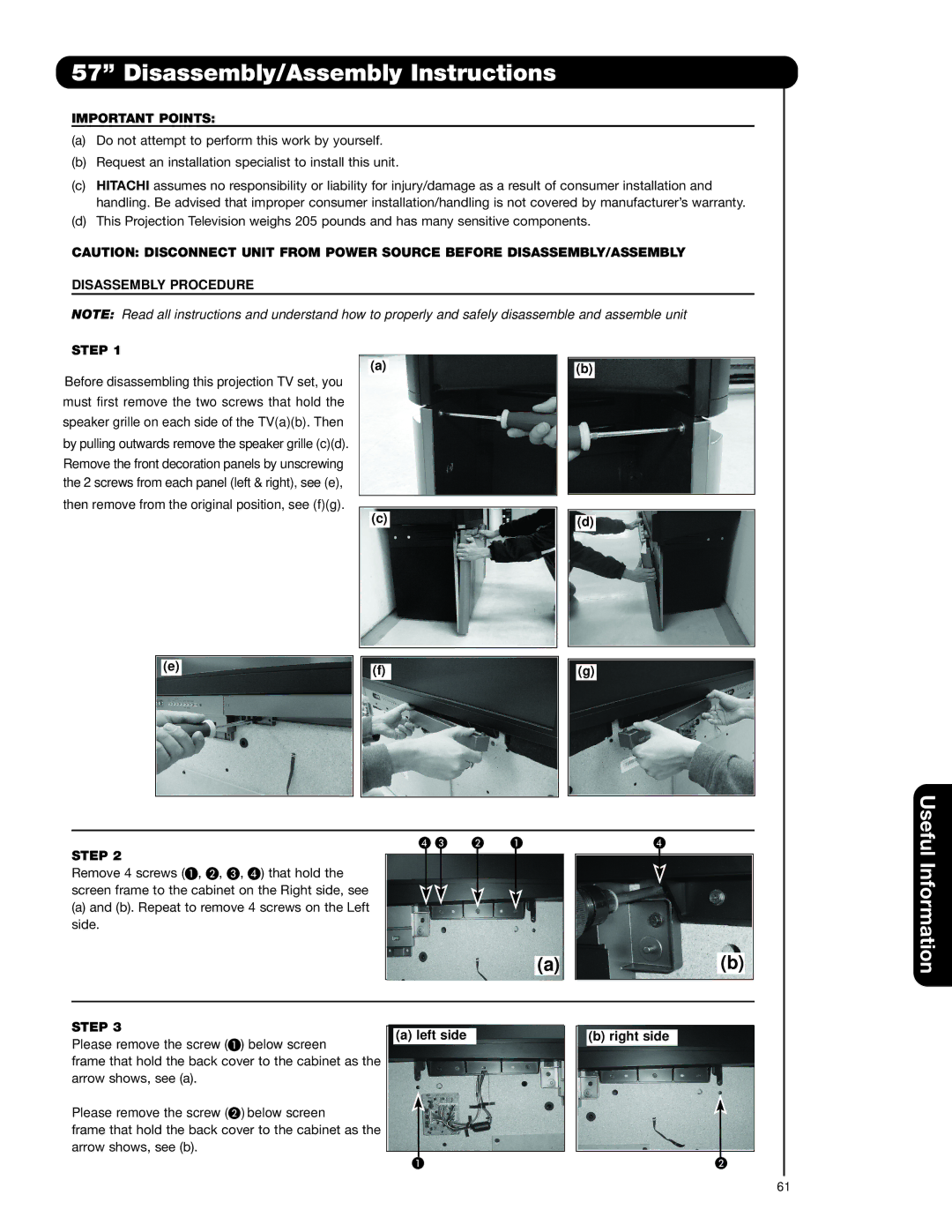 Hitachi 65F59A 57Ó Disassembly/Assembly Instructions, Important Points, Disassembly Procedure Step, Left side Right side 