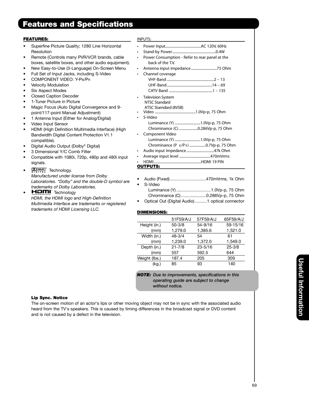 Hitachi 65F59A, 51F59A, 57F59J 65F59, 57F59A, 65F59J, 51F59J Features and Specifications, Inputs, Outputs, Dimensions 