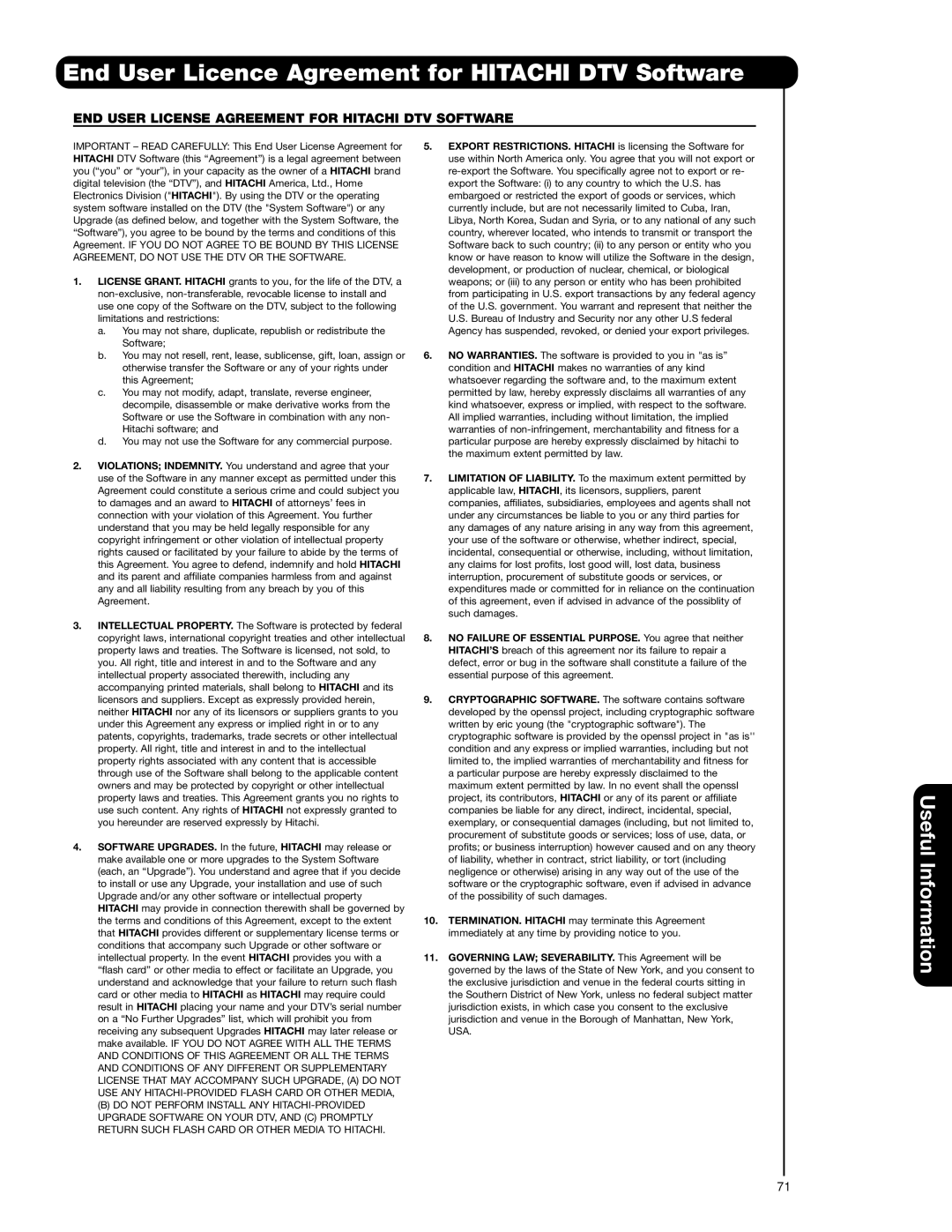 Hitachi 51F59J End User Licence Agreement for Hitachi DTV Software, END User License Agreement for Hitachi DTV Software 