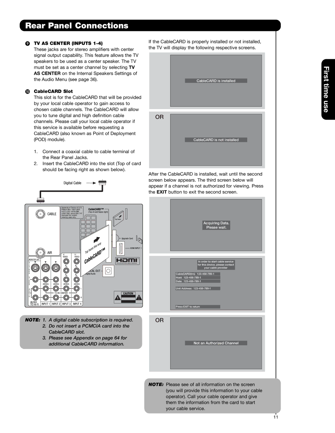 Hitachi 51F710E, 51F710A, 57F710A, 57F710E, 65F710A important safety instructions TV AS Center Inputs, CableCARD Slot 