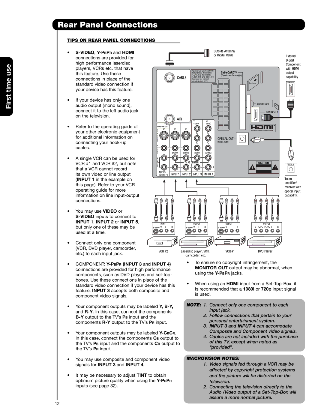 Hitachi 57F710A, 51F710A, 51F710E, 57F710E, 65F710A Tips on Rear Panel Connections, VIDEO,Y-PBPRand Hdmi 