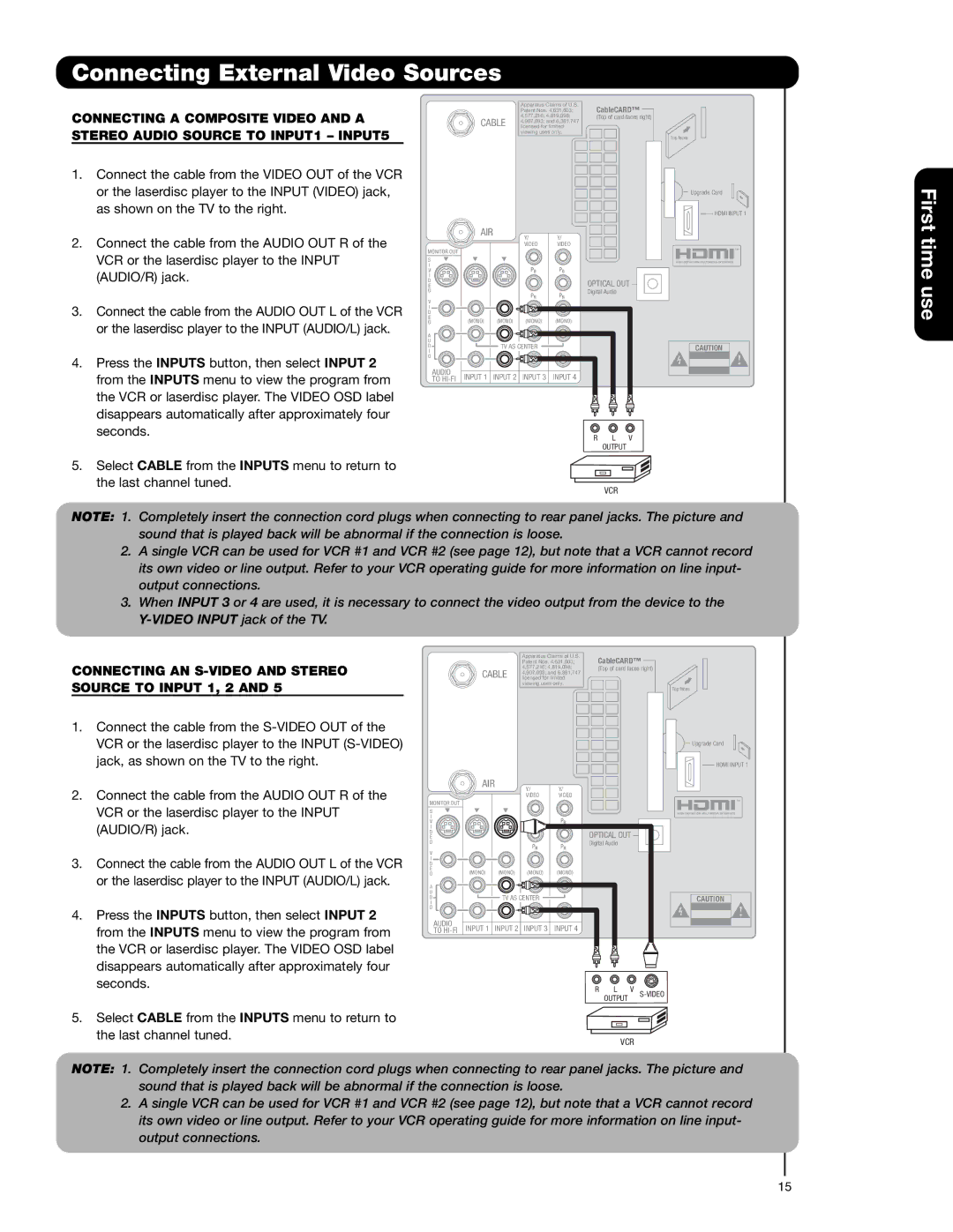 Hitachi 51F710A, 51F710E, 57F710A, 57F710E, 65F710A First time, Connecting AN S-VIDEO and Stereo Source to Input 1, 2 