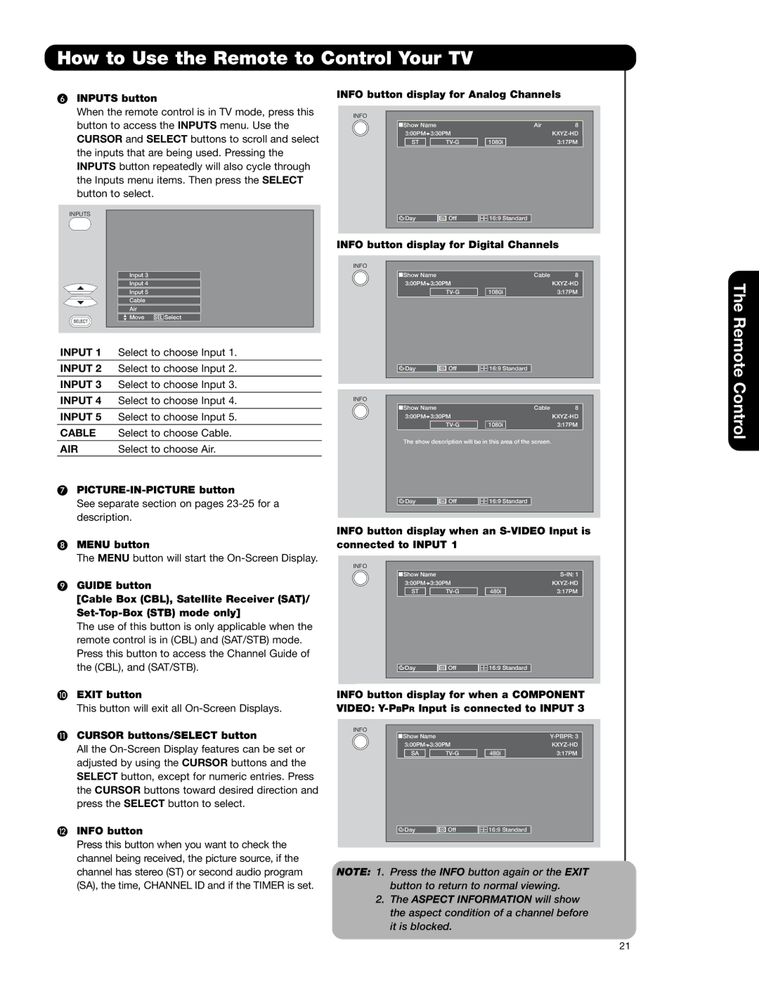 Hitachi 51F710E, 51F710A Inputs button, PICTURE-IN-PICTURE button, Menu button, Exit button, Cursor buttons/SELECT button 