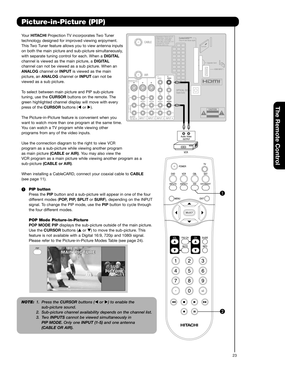 Hitachi 57F710E Picture-in-Picture PIP, Sub-picture Cable or AIR, PIP button, POP Mode Picture-in-Picture, SUB Picture 