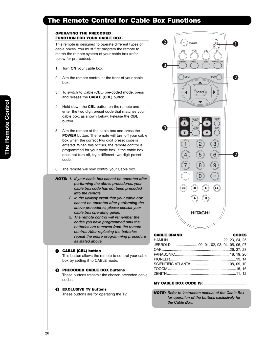 Hitachi 51F710E, 51F710A Remote Control for Cable Box Functions, Operating the Precoded Function for Your Cable BOX 