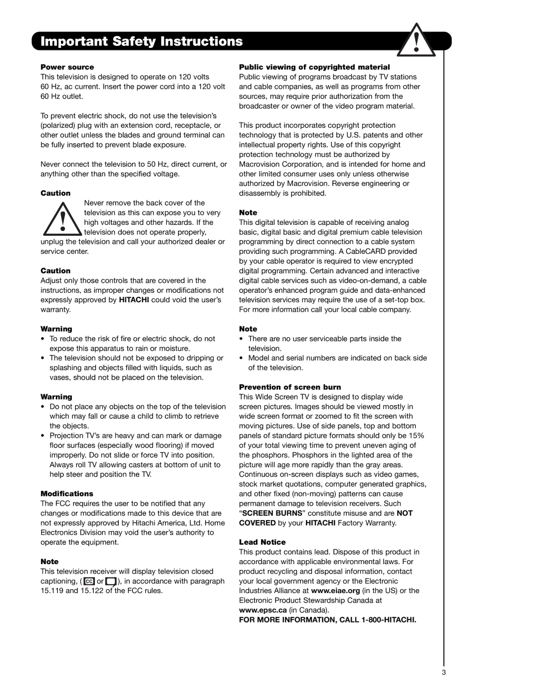 Hitachi 57F710E, 51F710A, 51F710E, 57F710A, 65F710A important safety instructions For More INFORMATION, Call 1-800-HITACHI 