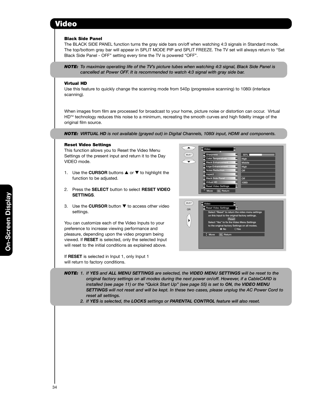 Hitachi 65F710A, 51F710A, 51F710E, 57F710A, 57F710E Black Side Panel, Virtual HD, Reset Video Settings 