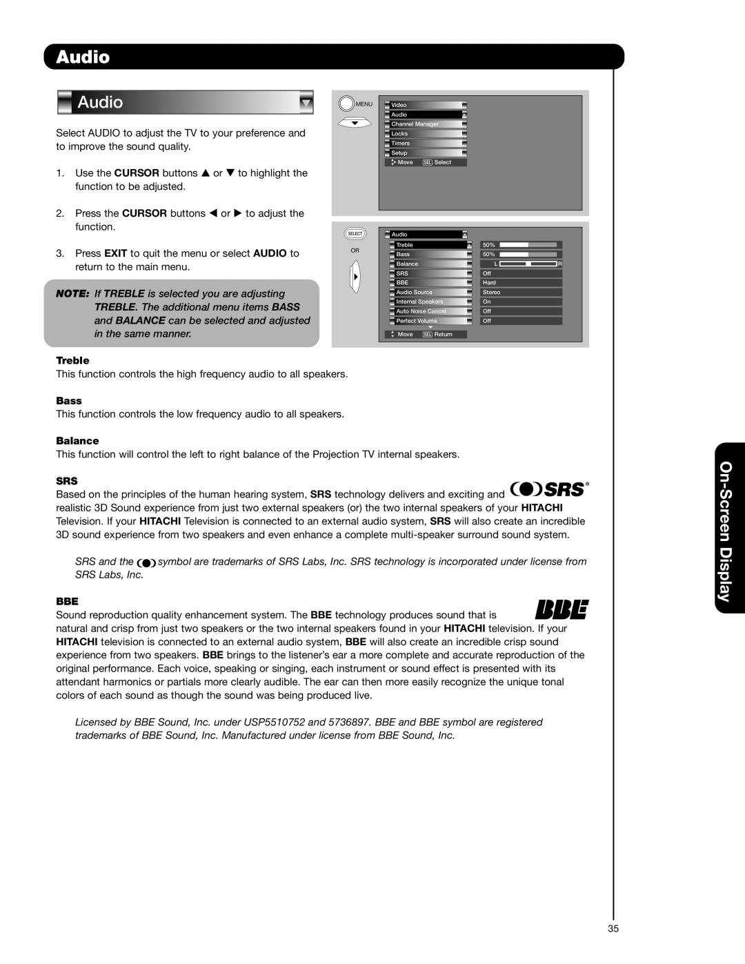 Hitachi 51F710A, 51F710E, 57F710A, 57F710E, 65F710A important safety instructions Audio, Srs, Bbe 