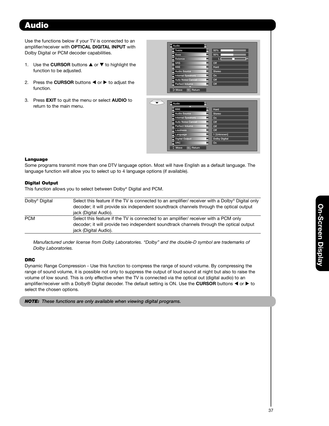 Hitachi 57F710A, 51F710A, 51F710E, 57F710E, 65F710A important safety instructions Language, Digital Output, Pcm, Drc 