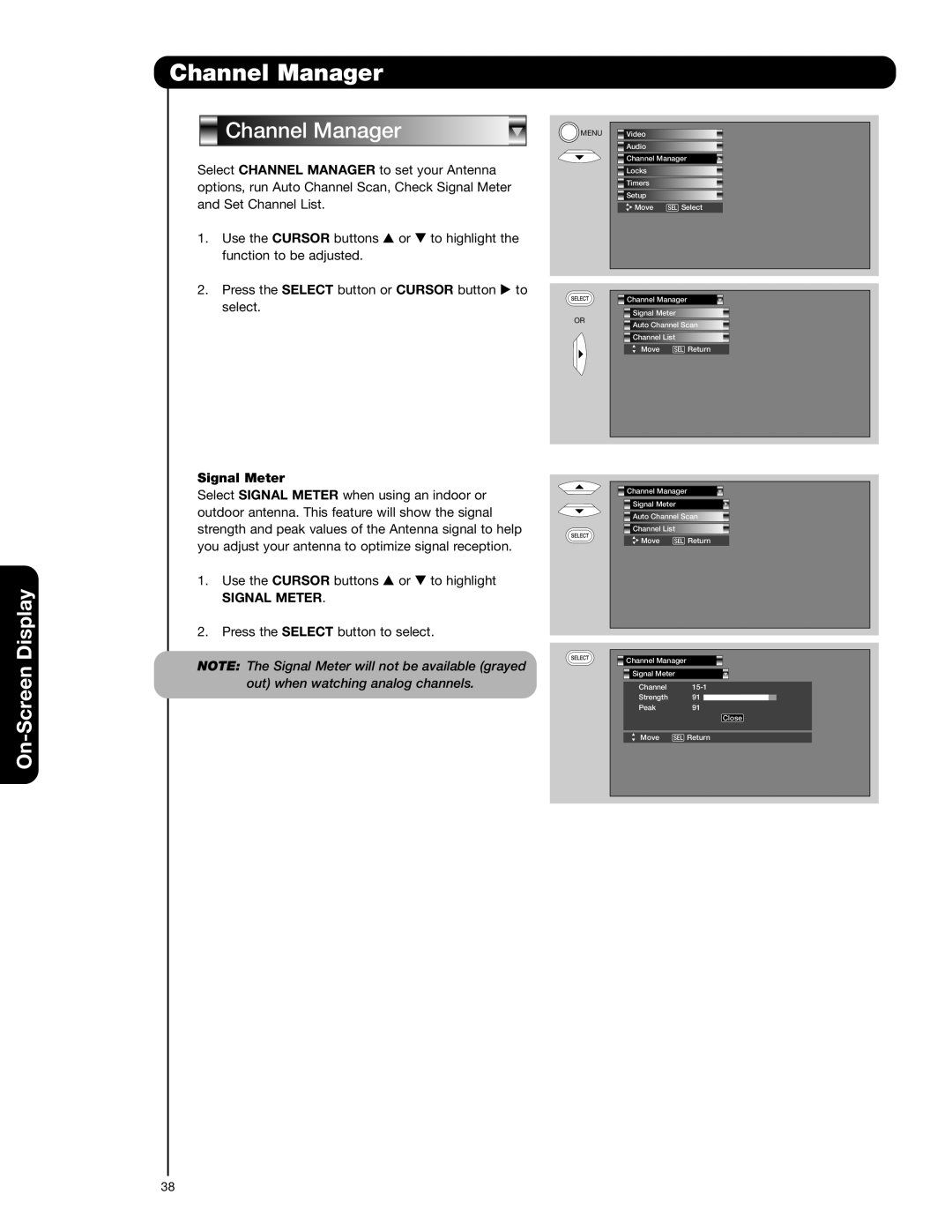 Hitachi 57F710E, 51F710A, 51F710E, 57F710A, 65F710A important safety instructions Channel Manager, Signal Meter 