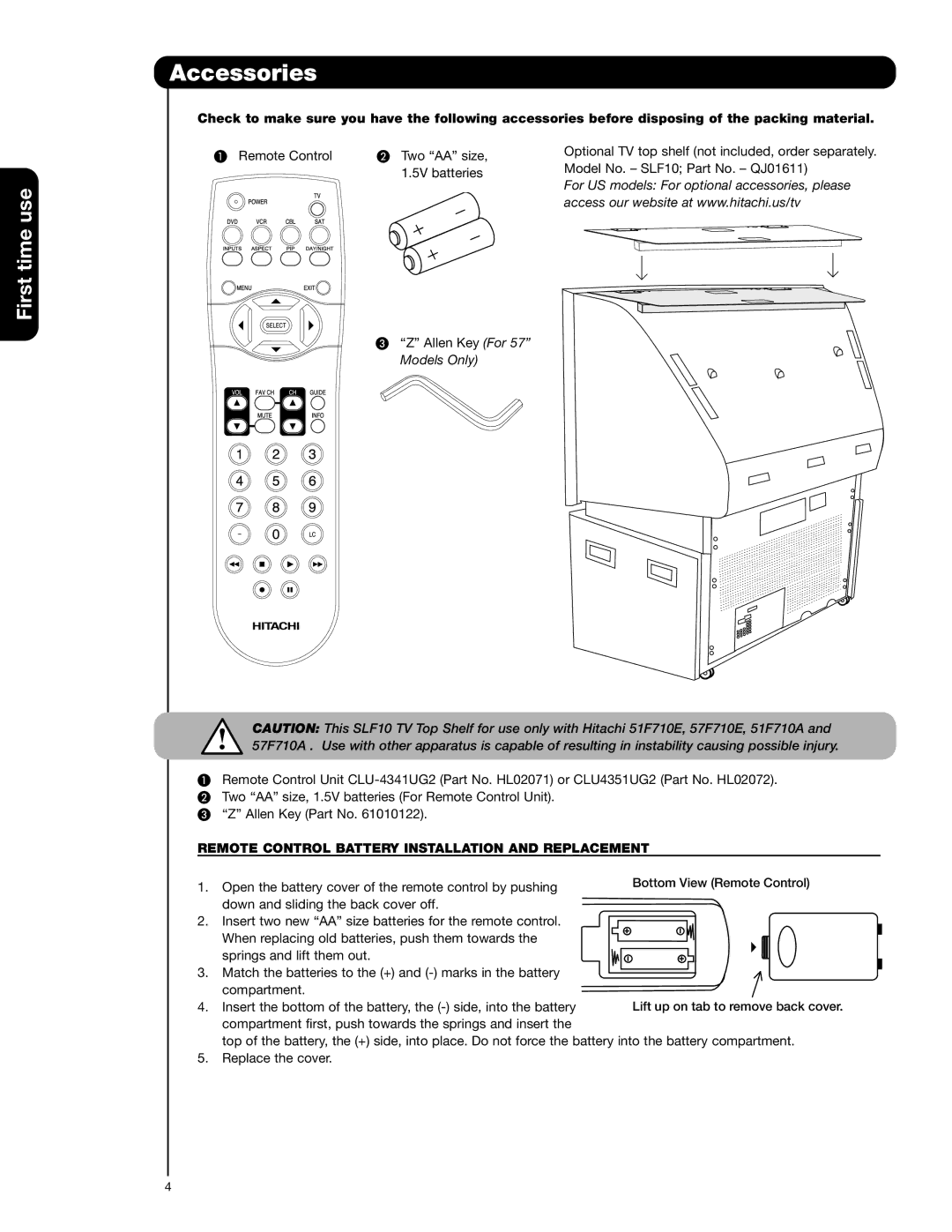 Hitachi 65F710A, 51F710A, 51F710E, 57F710A, 57F710E Accessories, Remote Control Battery Installation and Replacement 