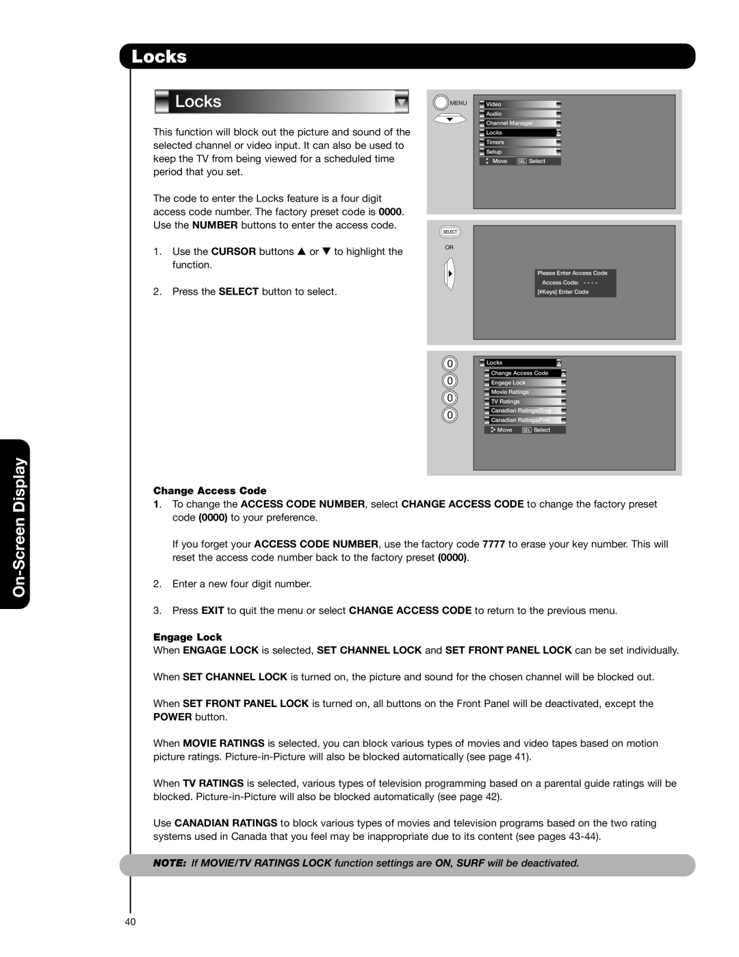 Hitachi 51F710A, 51F710E, 57F710A, 57F710E, 65F710A important safety instructions Locks, Change Access Code 