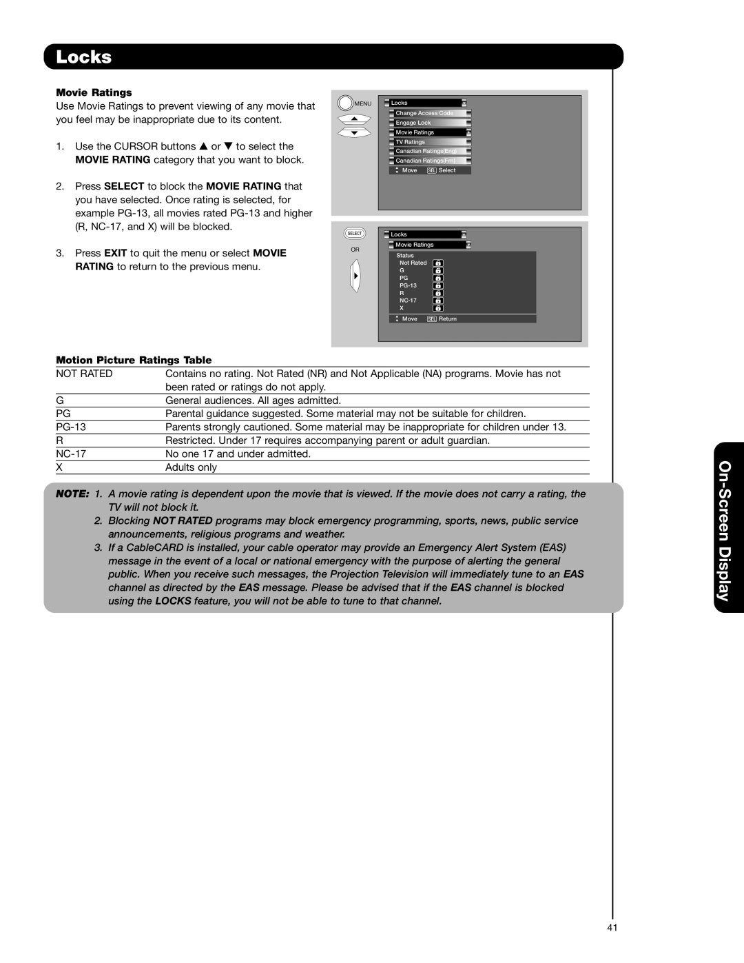 Hitachi 51F710E, 51F710A, 57F710A, 57F710E, 65F710A Movie Ratings, Motion Picture Ratings Table, Not Rated 