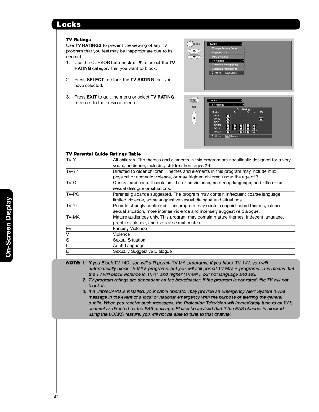 Hitachi 57F710A, 51F710A, 51F710E, 57F710E, 65F710A important safety instructions TV Ratings, TV Parental Guide Ratings Table 