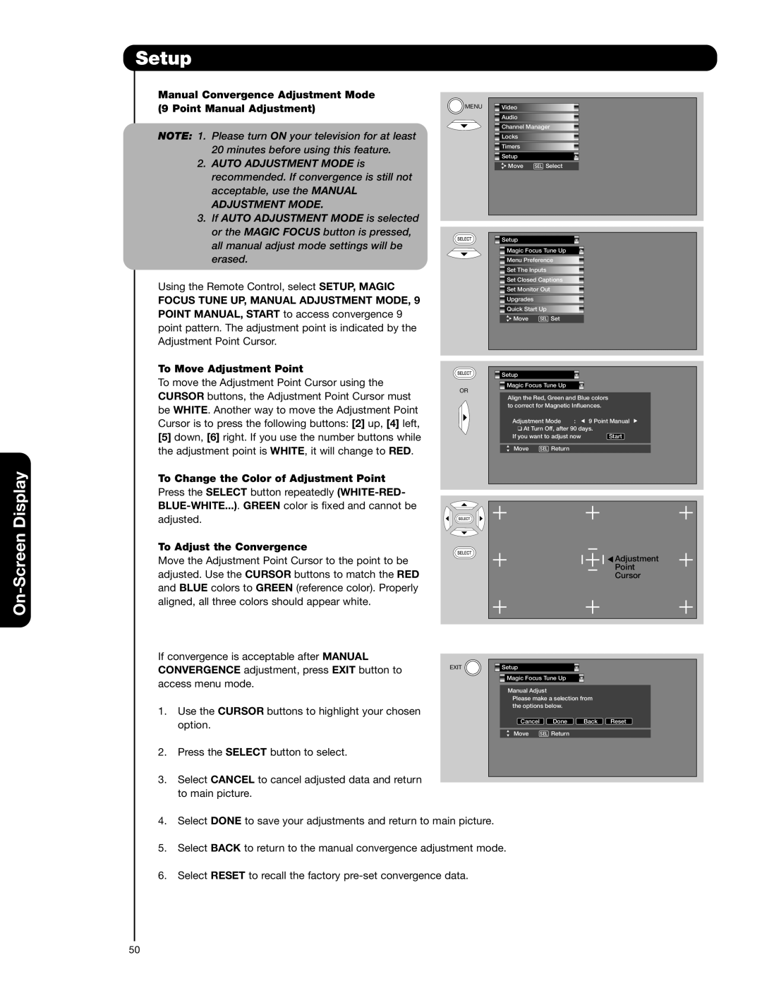 Hitachi 51F710A, 51F710E, 57F710A, 57F710E, 65F710A Focus Tune UP, Manual Adjustment Mode, To Move Adjustment Point 