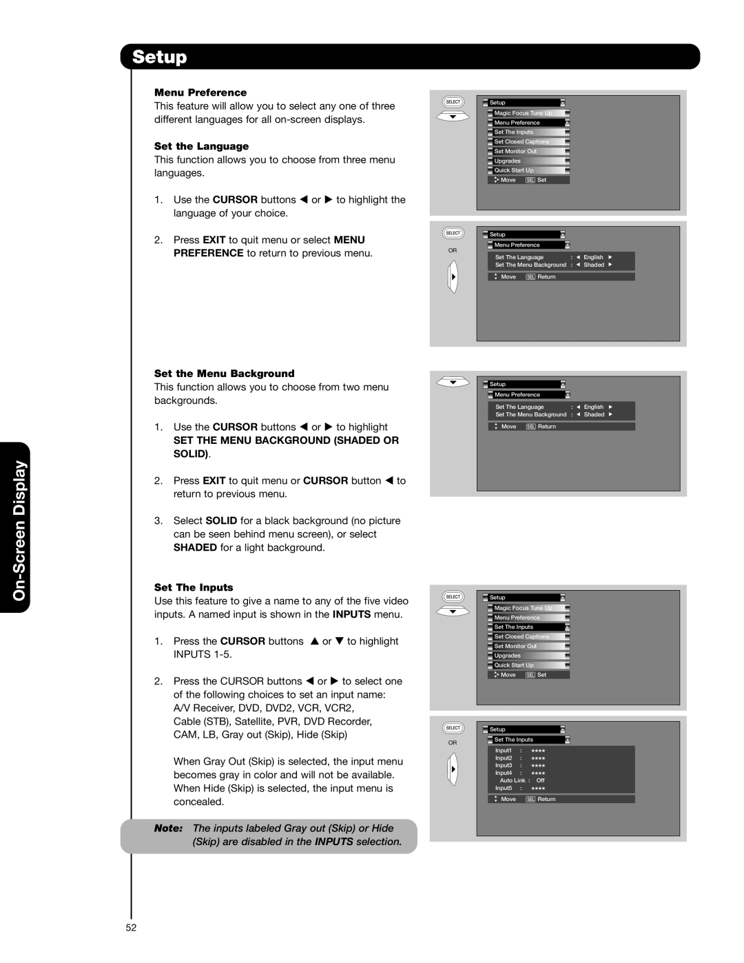 Hitachi 57F710A, 51F710A, 51F710E, 57F710E, 65F710A important safety instructions SET the Menu Background Shaded or, Solid 