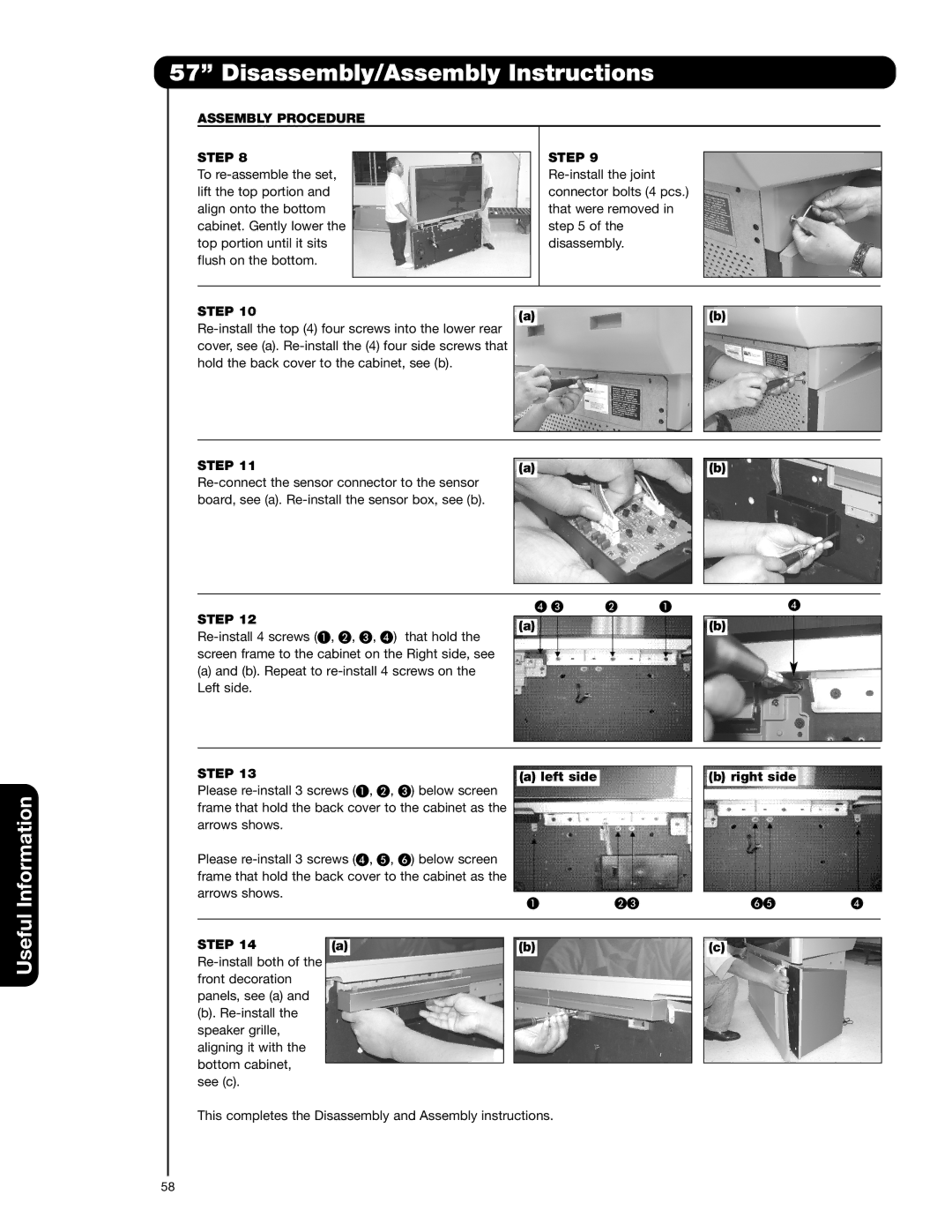 Hitachi 57F710E, 51F710A, 51F710E, 57F710A, 65F710A important safety instructions Information, Assembly Procedure Step 