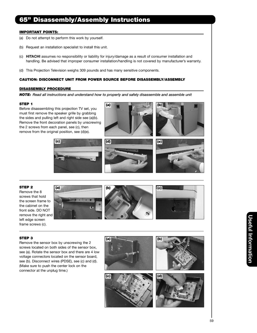 Hitachi 65F710A, 51F710A, 51F710E, 57F710A, 57F710E important safety instructions Important Points 